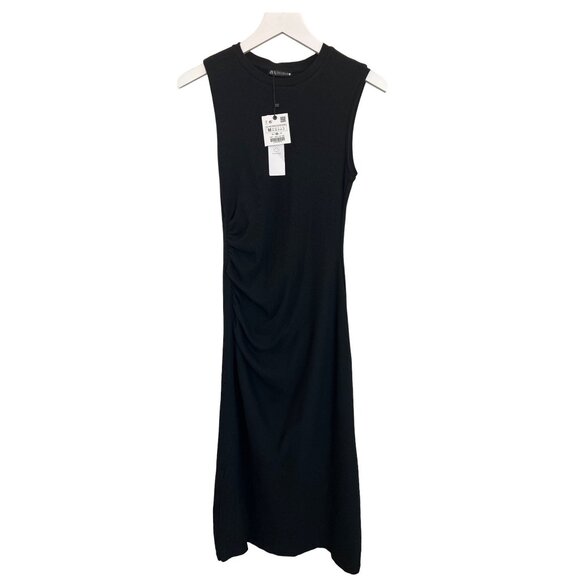 Zara Black Ribbed Ruched Side Detail Dress - Picture 2 of 6